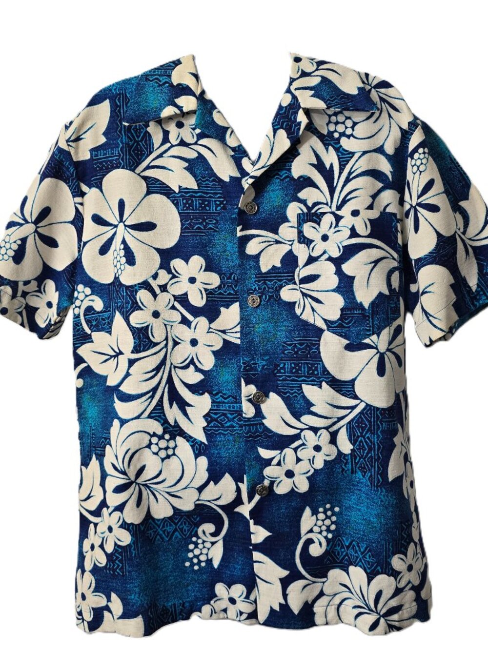Vintage Royal Hawaiian Camp Shirt M Men Barkcloth Hibiscus Floral Blue Beach 60s